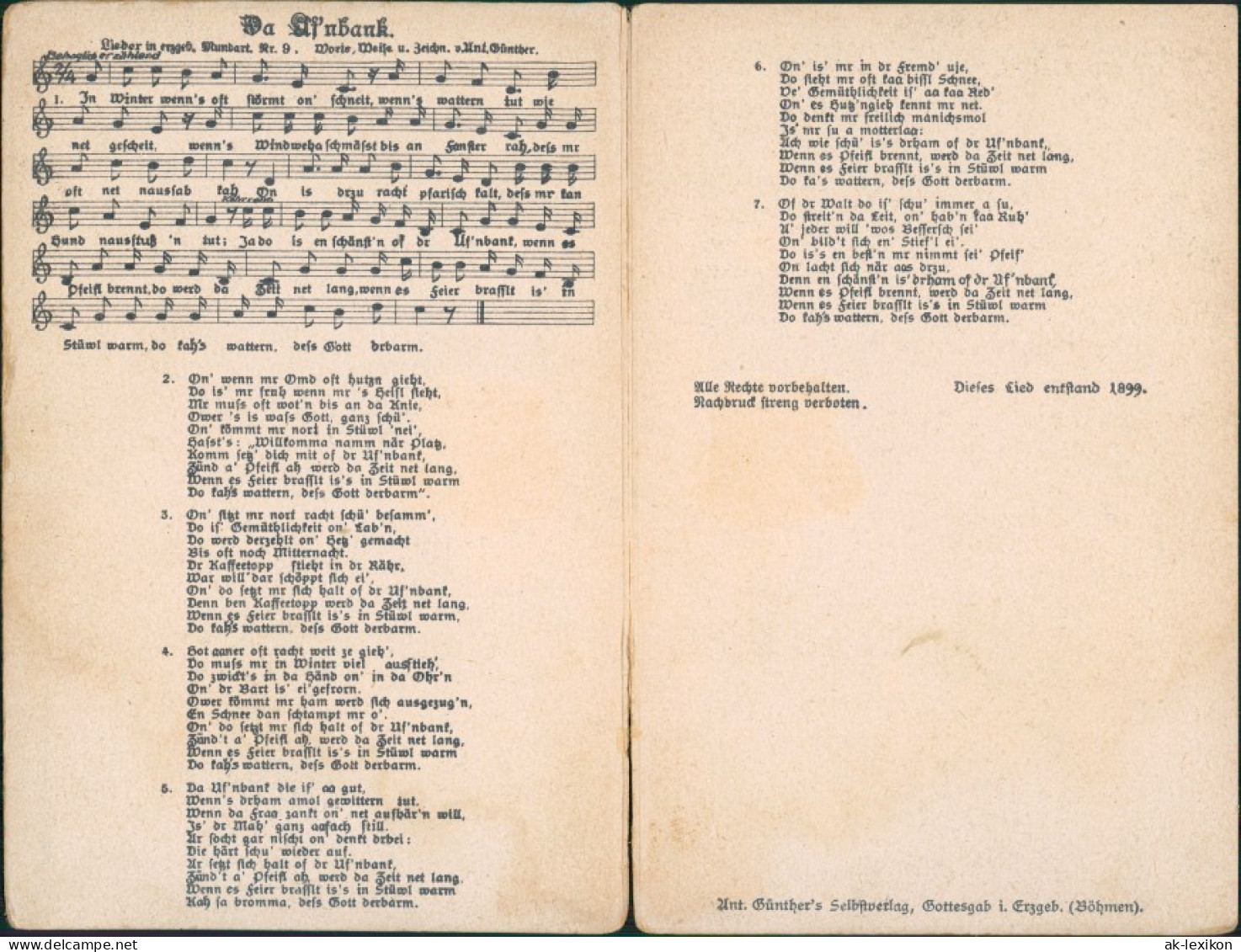 Liedkarten Erzgebirge Da Ufnbank 1912 Erzgebirge, Anton Günther Gottesgab:9 - Musique