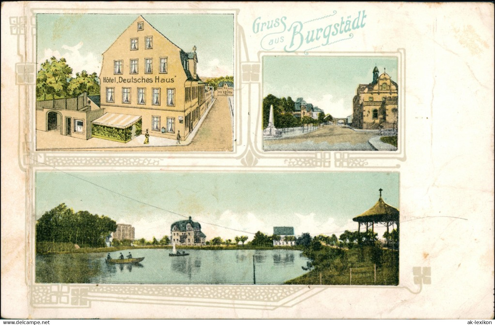 Ansichtskarte Burgstädt 3 Bild; Hotel Deutsches Haus, Straße 1911 - Burgstädt