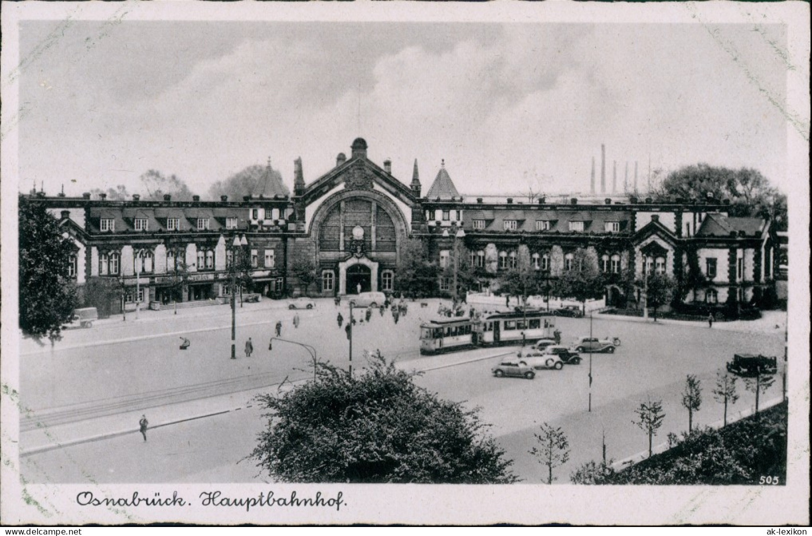 Ansichtskarte Osnabrück Hauptbahnhof, Schlote - Straßenbahn 1938 - Osnabrueck