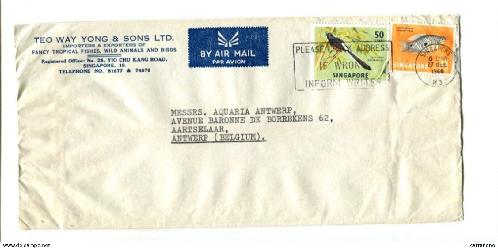 SINGAPOUR - Affranchissement Sur Lettre - Oiseau / Poisson - Singapore (1959-...)