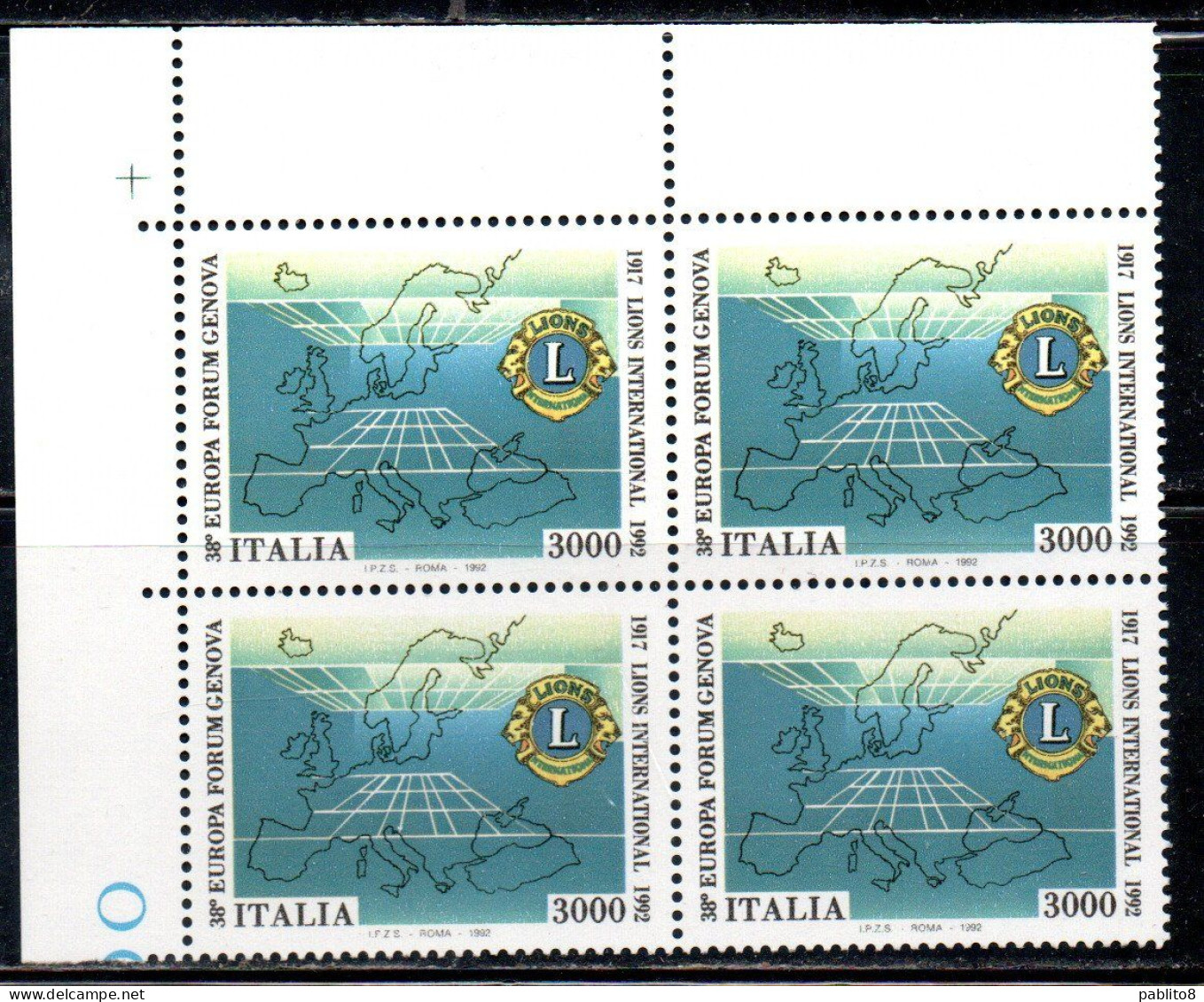 ITALIA REPUBBLICA ITALY REPUBLIC 1992 EUROPA FORUM LIONS CLUB QUARTINA ANGOLO DI FOGLIO BLOCK MNH - 1991-00: Mint/hinged