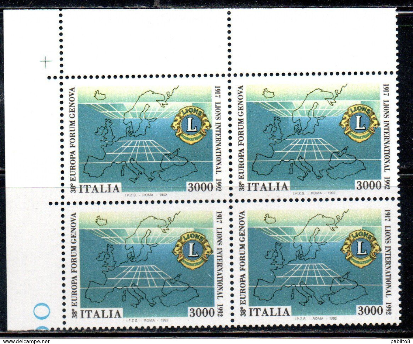 ITALIA REPUBBLICA ITALY REPUBLIC 1992 EUROPA FORUM LIONS CLUB QUARTINA ANGOLO DI FOGLIO BLOCK MNH - 1991-00:  Nuovi