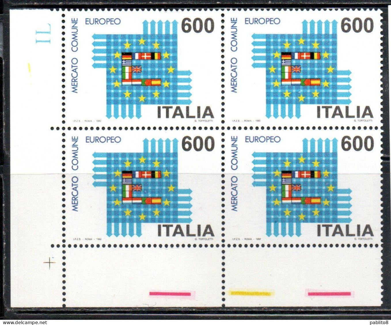 ITALIA REPUBBLICA ITALY REPUBLIC 1992 MERCATO COMUNE EUROPEO COMMON EUROPEAN MARKET MEC QUARTINA ANGOLO DI FOGLIO MNH - 1991-00: Mint/hinged
