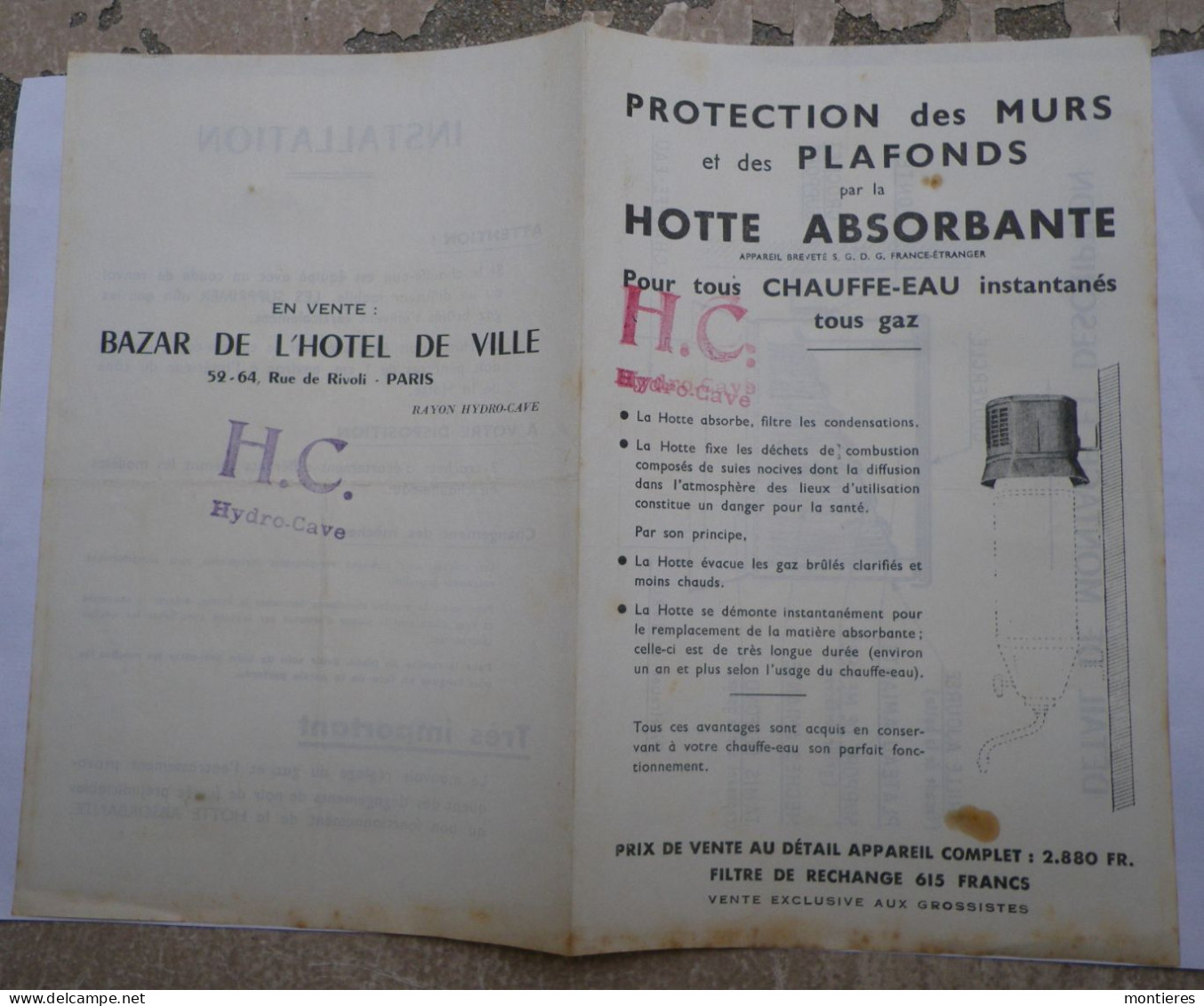 Prospectus B.H.V. Hotte Absorbante Hydro Cave H.C. Pour Tous Chauffe-eau - Bazar De L'Hôtel De Ville 52-64 Rue De Rivoli - Elektrizität & Gas