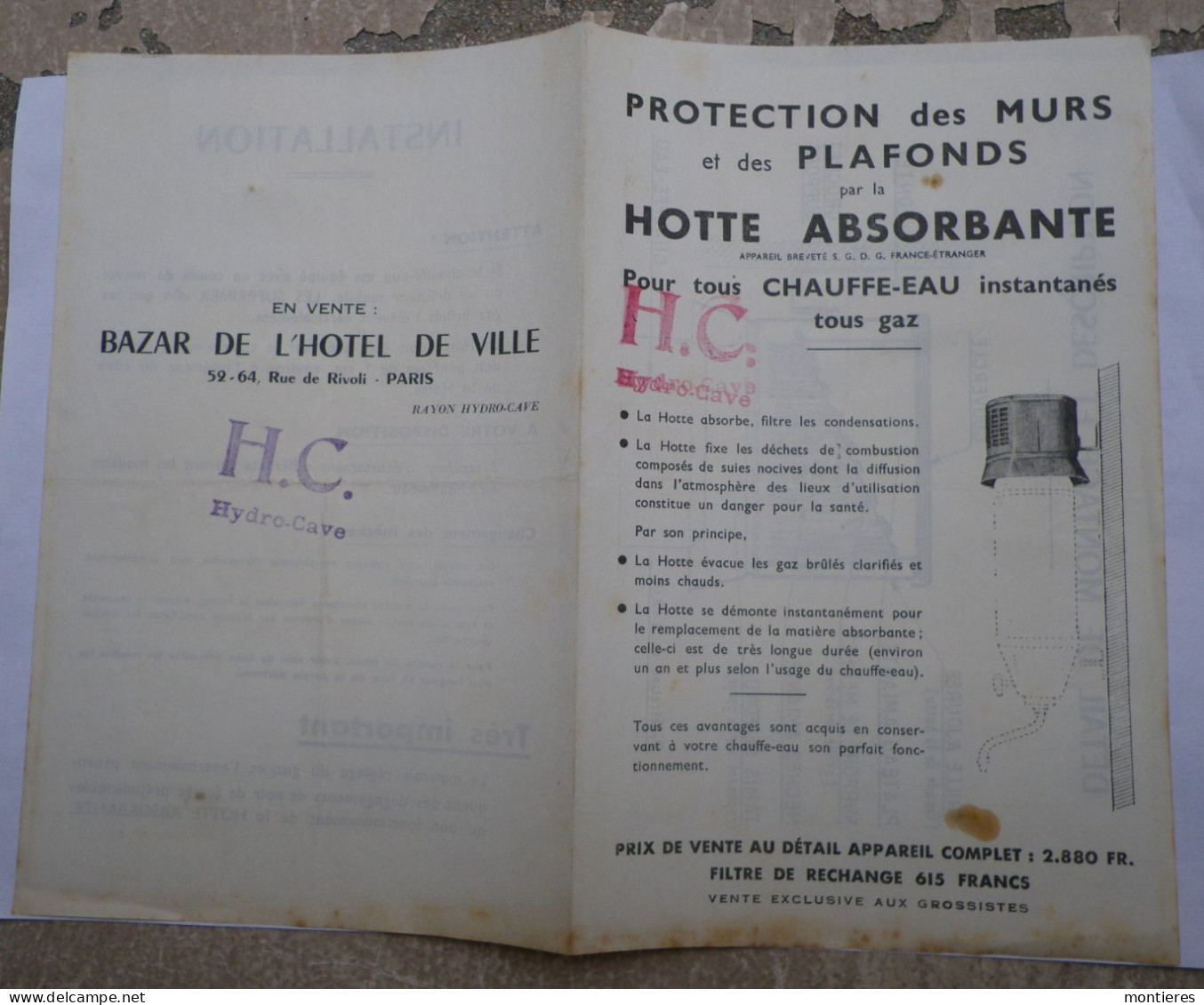 Prospectus B.H.V. Hotte Absorbante Hydro Cave H.C. Pour Tous Chauffe-eau - Bazar De L'Hôtel De Ville 52-64 Rue De Rivoli - Elektriciteit En Gas