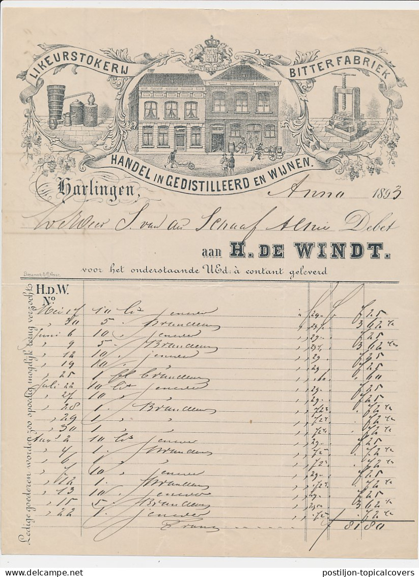 Nota Harlingen 1893 - Likeurstokerij - Bitterfabriek- Wijnhandel - Netherlands