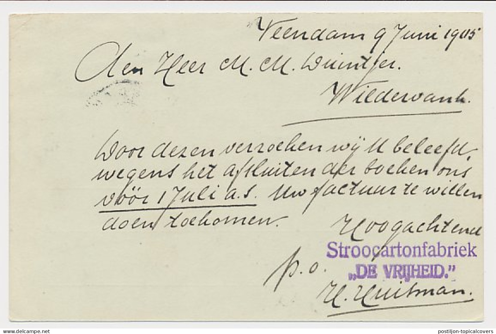 Firma Briefkaart Veendam 1905 - Stroocartonfabriek - Non Classificati