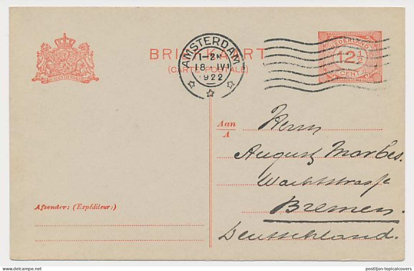 Briefkaart G. 193 Z-1 Amsterdam - Bremen Duitsland 1922 - Interi Postali