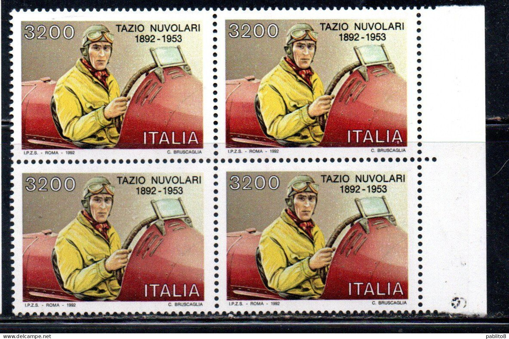 ITALIA REPUBBLICA ITALY REPUBLIC 1992 TAZIO NUVOLARI CENTENARIO NASCITA BIRTH CENTENARY QUARTINA BORDO DI FOGLIO MNH - 1991-00: Neufs