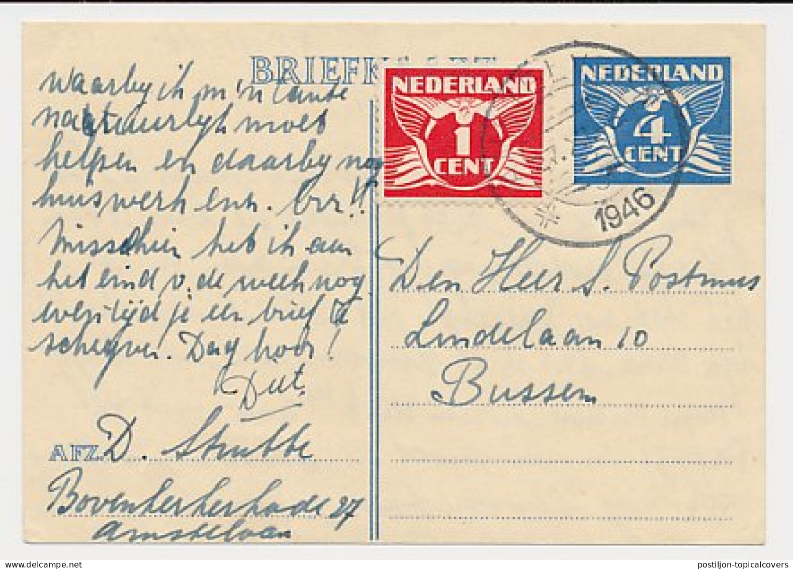Briefkaart G. 283 / Bijfrankering Amstelveen - Bussum 1946 - Interi Postali
