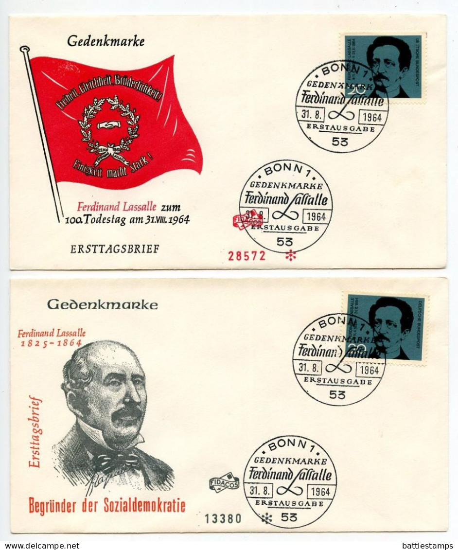 Germany, West 1964 2 FDCs Scott 895 Ferdinand Lassalle, German Labor Movement Founder - 1961-1970