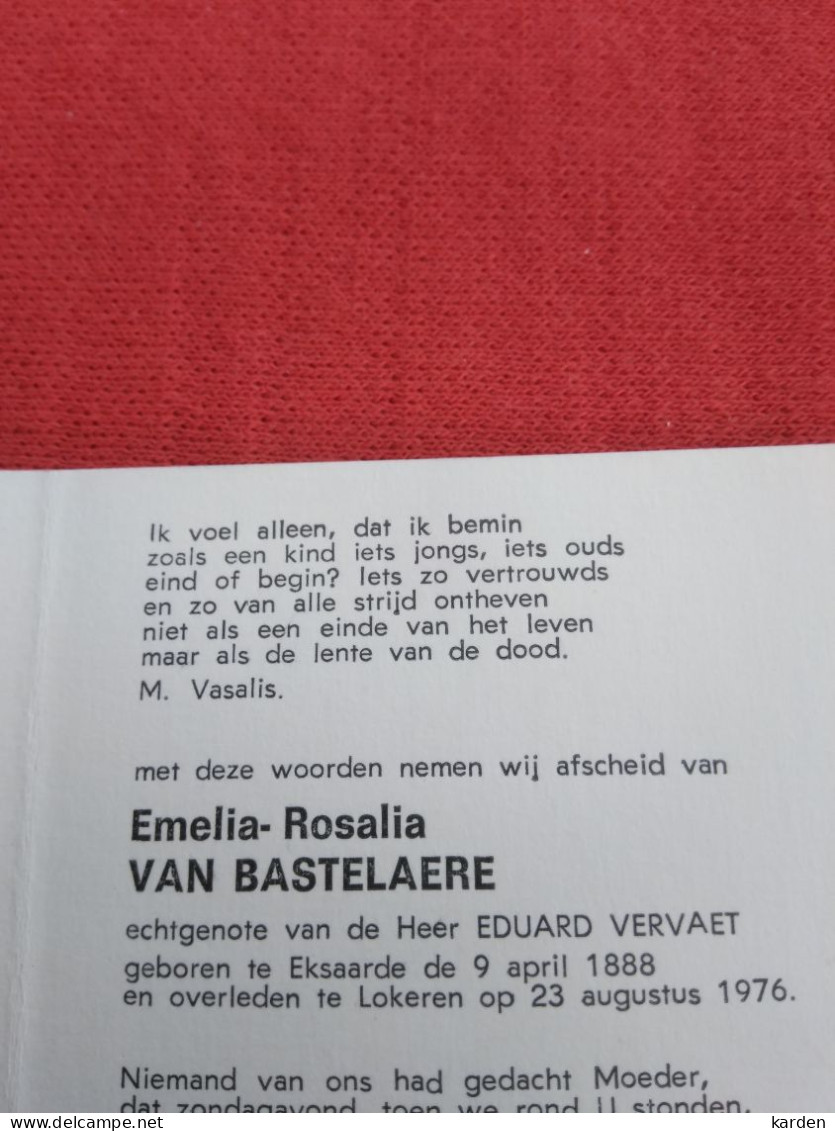 Doodsprentje Emelia Rosalia Van Bastelaere / Eksaarde 9/4/1888 Lokeren 23/8/1976 ( Eduard Vervaet ) - Religion & Esotérisme