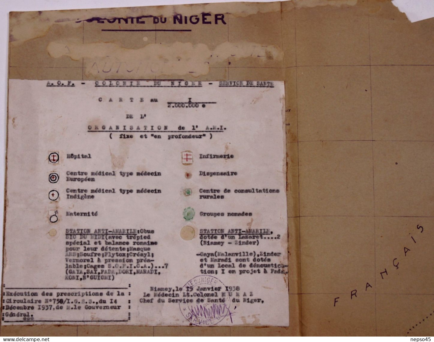Colonie Du Niger.Niamey 15 Janvier 1938.Médecin Lt.Colonel Euraz Service De Santé.Carte Géographique - Documenten