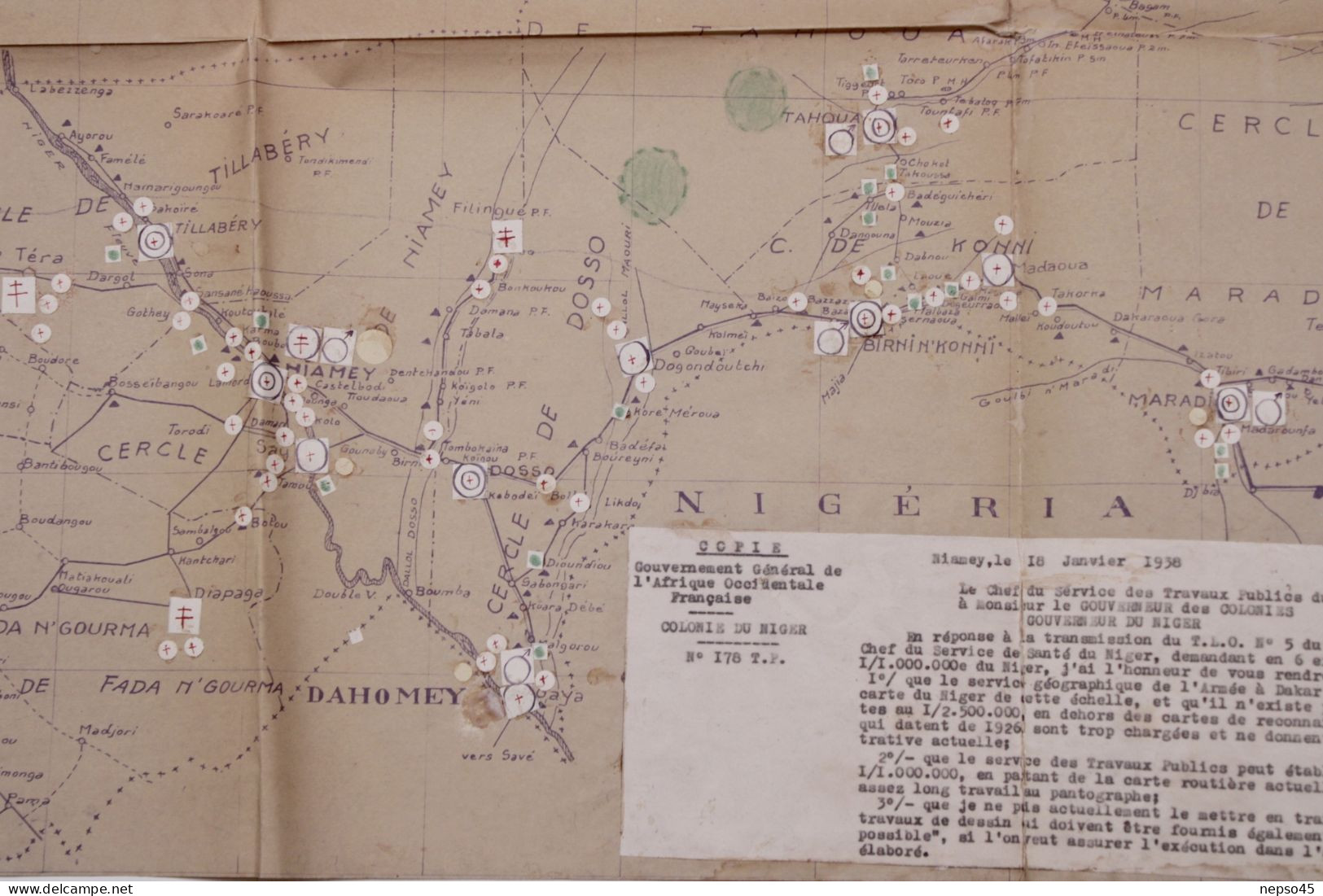 Colonie Du Niger.Niamey 15 Janvier 1938.Médecin Lt.Colonel Euraz Service De Santé.Carte Géographique - Documents