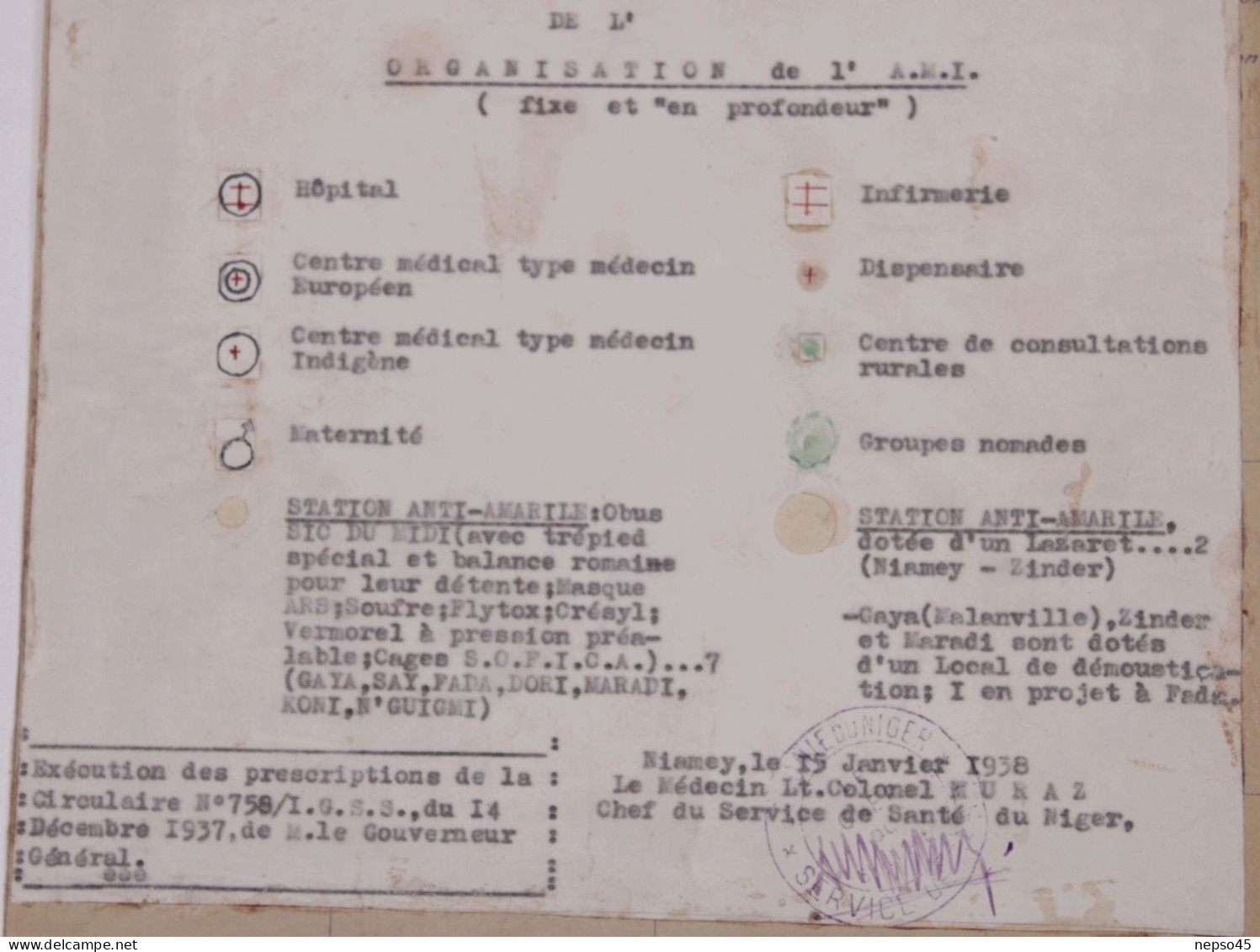 Colonie du Niger.Niamey 15 janvier 1938.Médecin Lt.Colonel Euraz Service de Santé.Carte Géographique