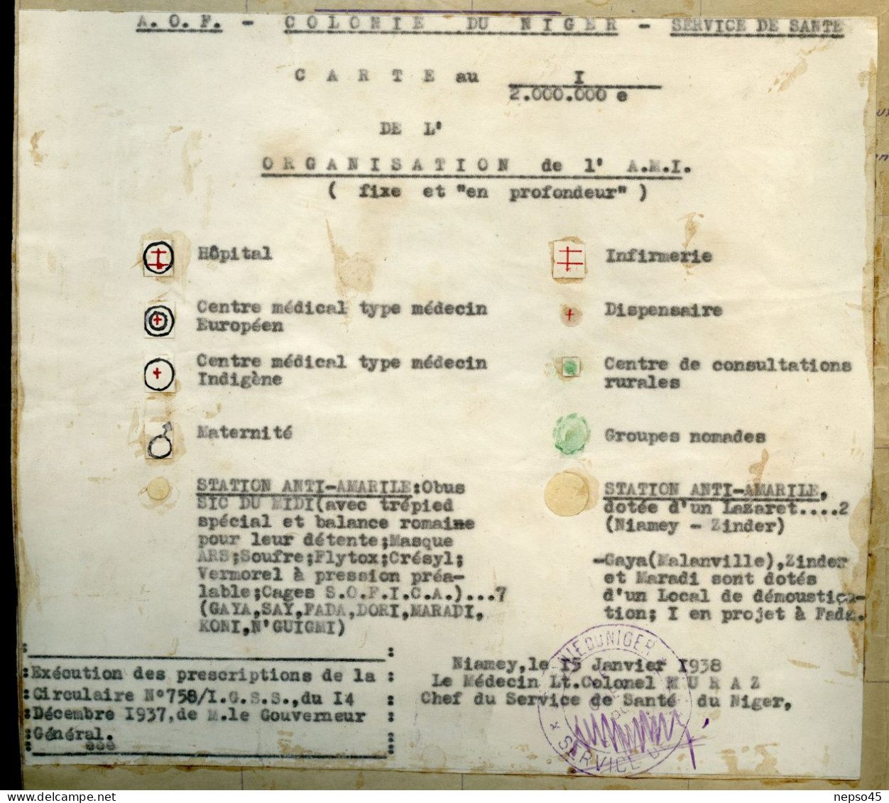 Colonie du Niger.Niamey 15 janvier 1938.Médecin Lt.Colonel Euraz Service de Santé.Carte Géographique