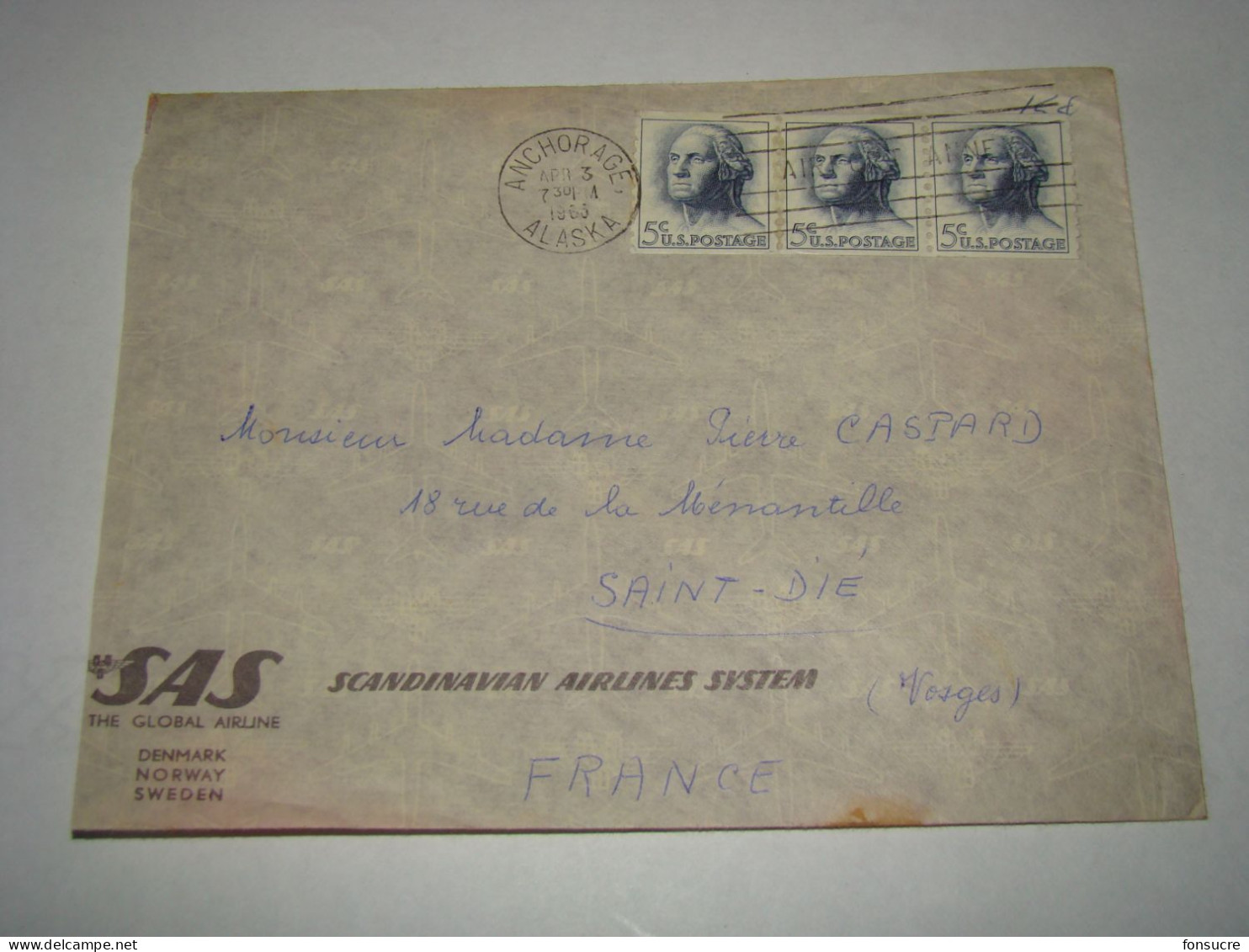 4536 Lettre Air Mail Par Avion SAS Scandinavian Airlines System Anchorage Alaska Bande De 3 Pour St Dié Vosges 3/4/66 - Cartas & Documentos