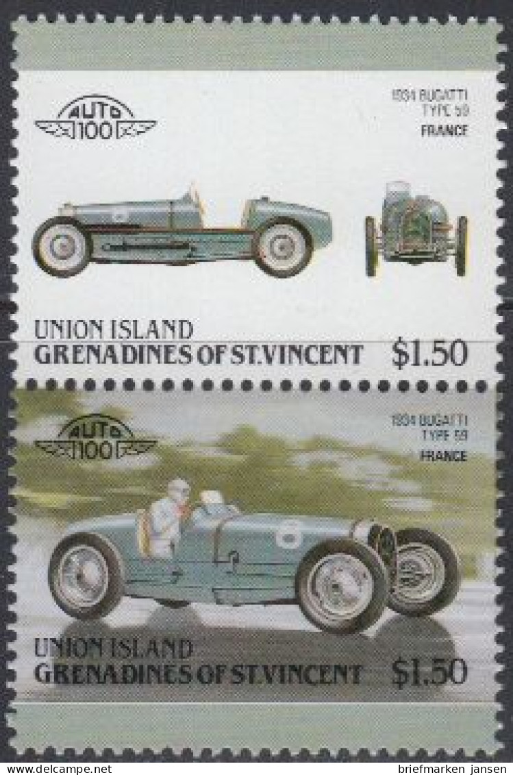 St.Vincent-Grenadi.-Union Isl. Mi.Nr. Zdr.184-85 Autos, Bugatti Type 59 (2 W.) - St.Vincent Und Die Grenadinen