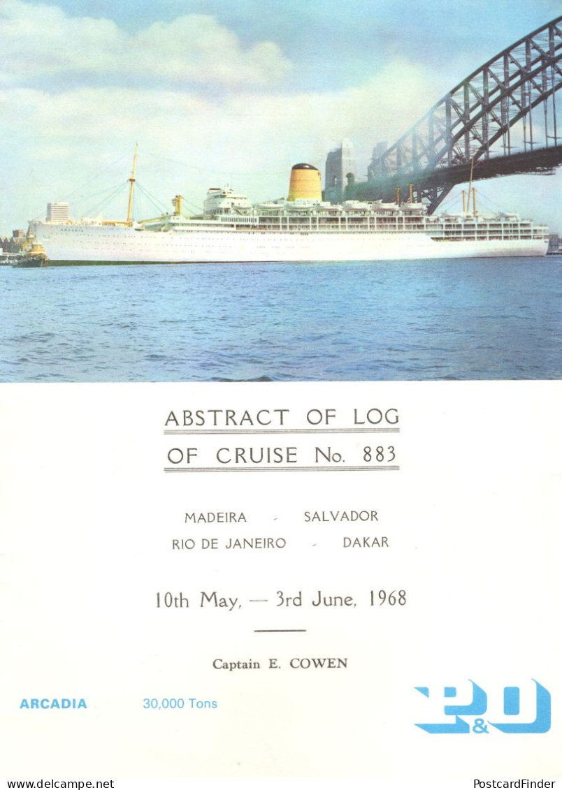 Abstract Of 1968 Log P&O Southampton Cruise SS Arcadia Ship Voyage - World