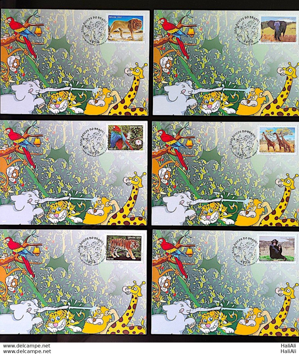 Brazil Maximum Card Zoo Postcard Lion Giraffe Tiger Monkey Macaw Elephant 2007 Complete Series - Cartes-maximum