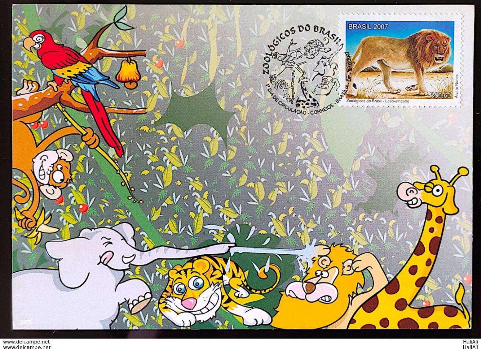 Brazil Maximum Card Zoo Postcard Lion Giraffe Tiger Monkey Macaw Elephant 2007 Complete Series - Cartoline Maximum