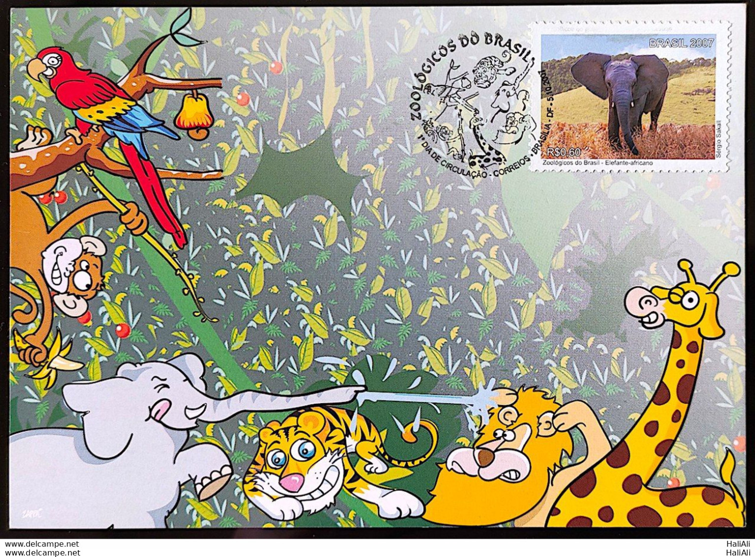 Brazil Maximum Card Zoo Postcard Lion Giraffe Tiger Monkey Macaw Elephant 2007 Complete Series - Cartoline Maximum