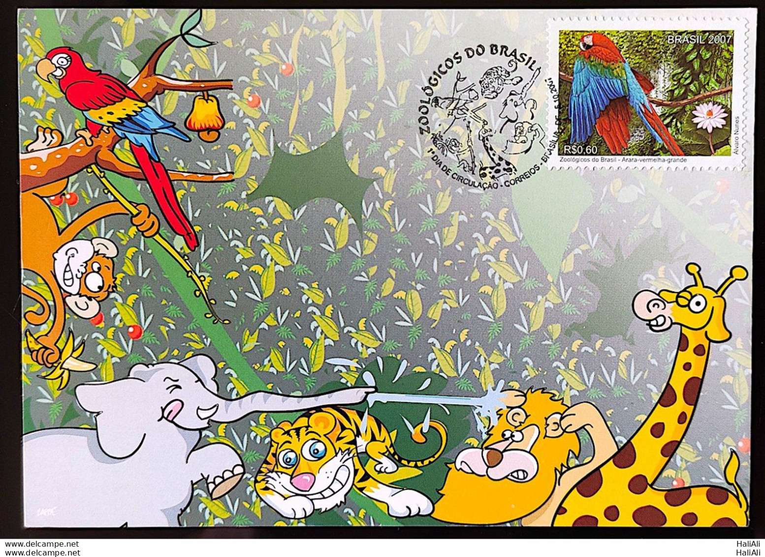 Brazil Maximum Card Zoo Postcard Lion Giraffe Tiger Monkey Macaw Elephant 2007 Complete Series - Cartoline Maximum