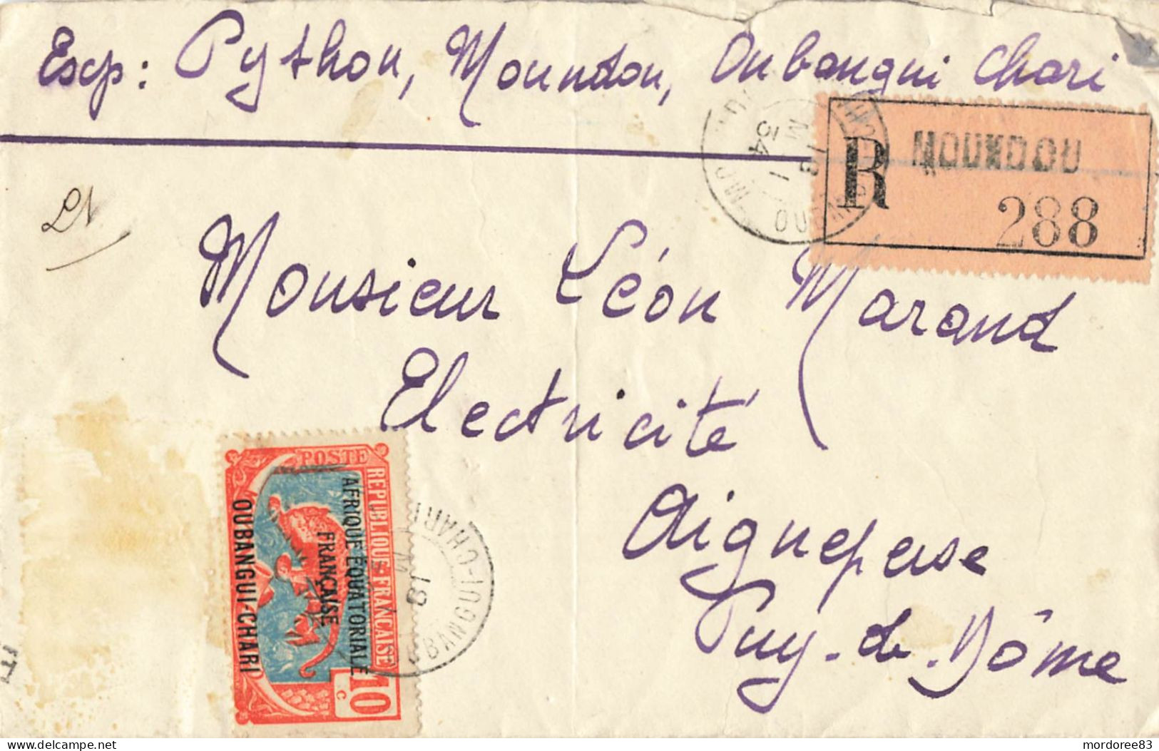OUBANGUI YT 63 X 13 PANTHERE SUR LETTRE REC MOUNDOU 18/5/1934 POUR FRANCE AIGUEPERSE GRIFFE LINEAIRE D ARRIVEE - Lettres & Documents