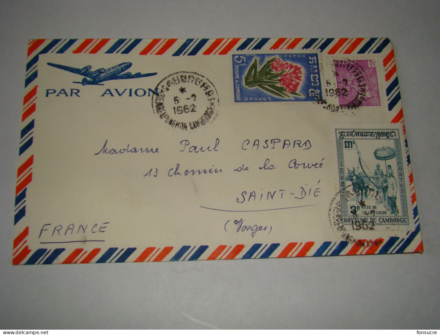 4522 Lettre Air Mail Par Avion Royaume Du Cambodge Siem Reap Ankor Pour St Dié Vosges 6/2/62 - Cambodja