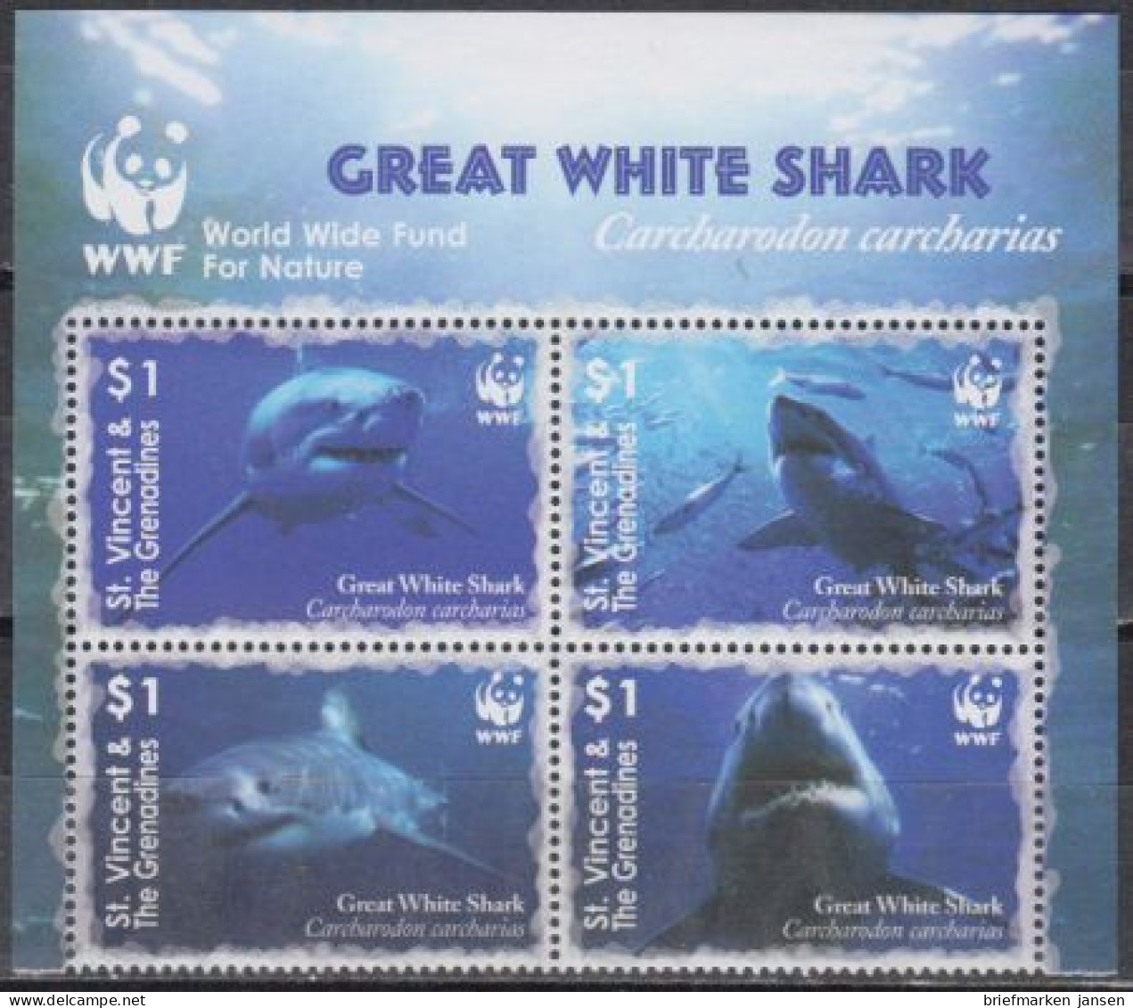 St.Vincent & Die Grenadinen Mi.Nr. Zdr.6282-85 Weltw.Naturschutz, Weißer Hai - St.Vincent Und Die Grenadinen