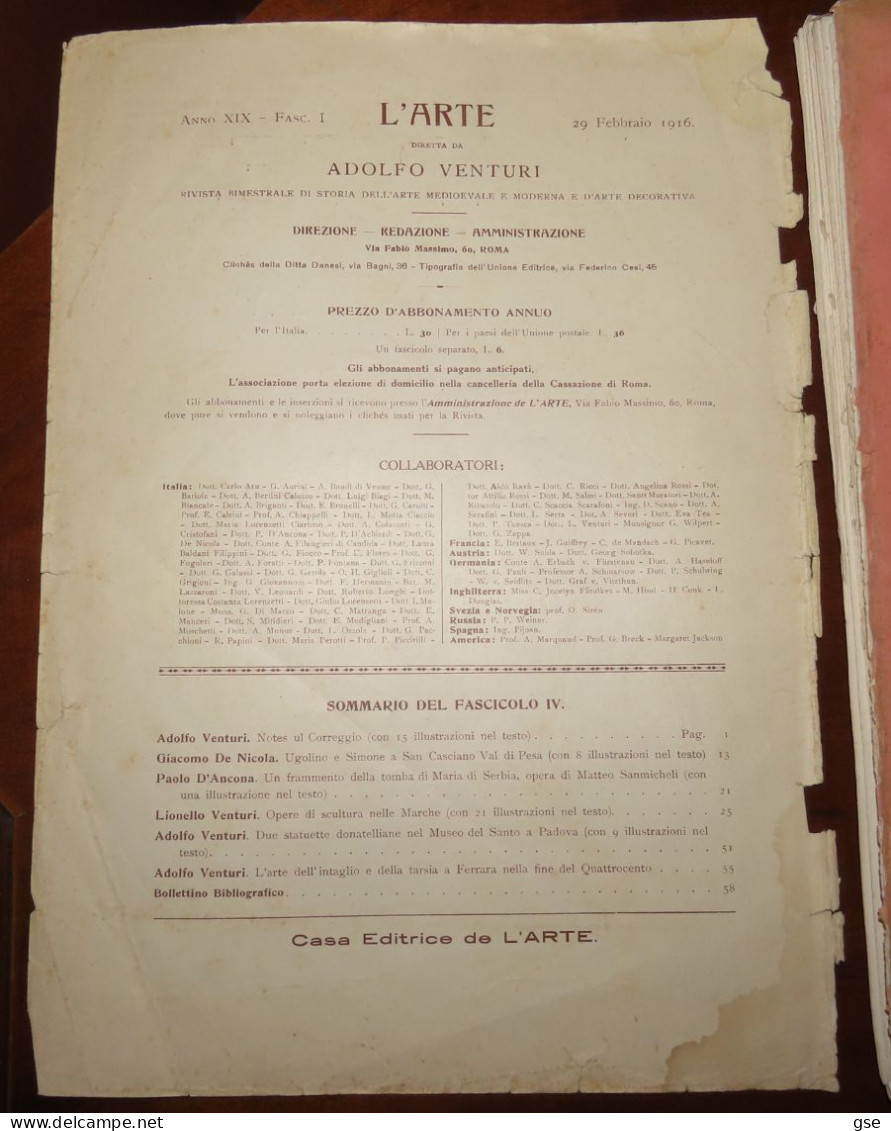 RIVISTA L'ARTE 1916 - ADOLFO VENTURI - Arte, Diseño Y Decoración