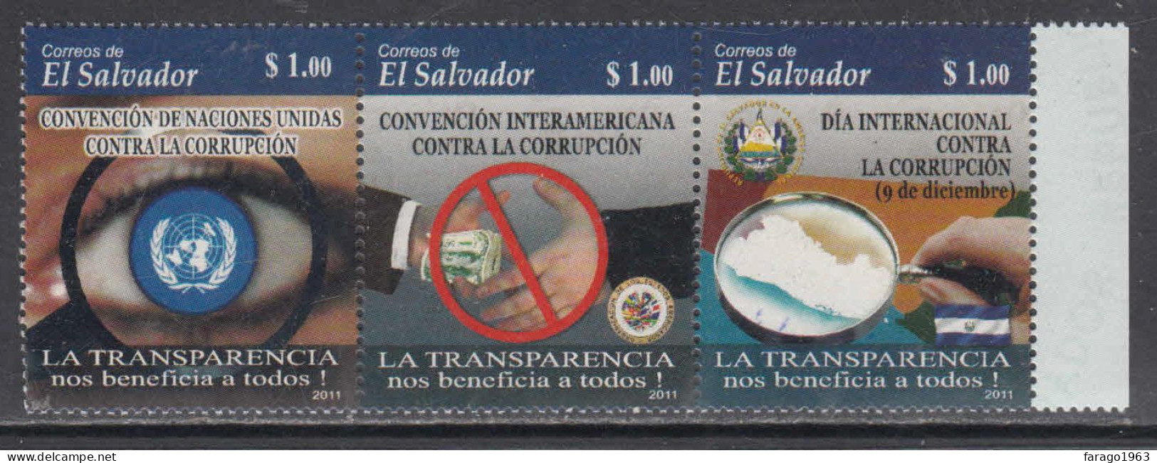 2011 El Salvador Campaign Against Corruption Transparency Complete Strip Of 3 MNH - Salvador