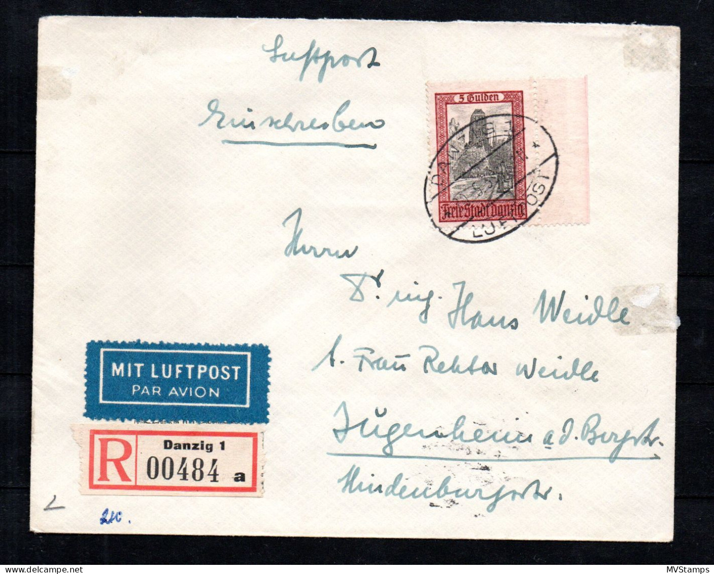 Danzig 1924 Freimarke 210 EF Gebraucht Auf R-Umschlag Nach Jugenheim - Lettres & Documents