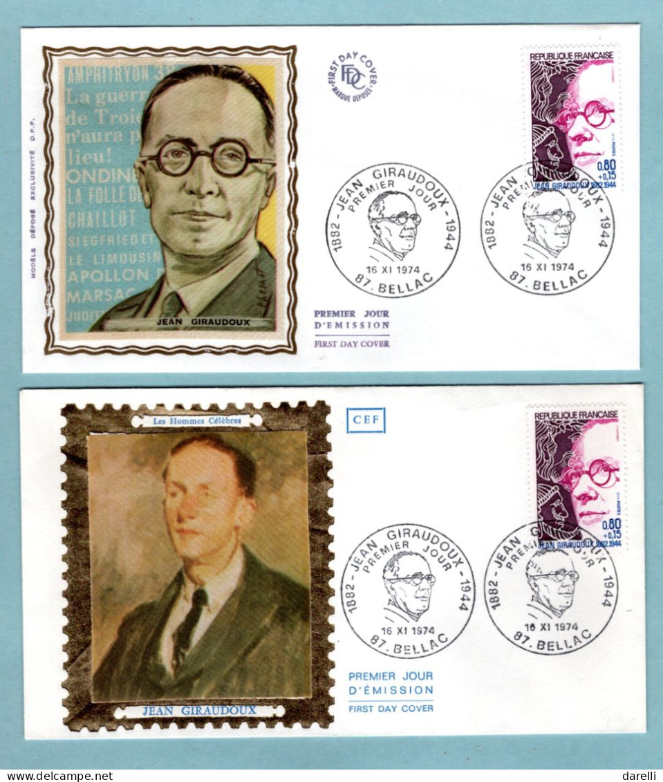 FDC France 1974 - Personnages Célèbres - Jean Giraudoux - Écrivain - YT 1822 - 87 Bellac - (soie) - 1970-1979