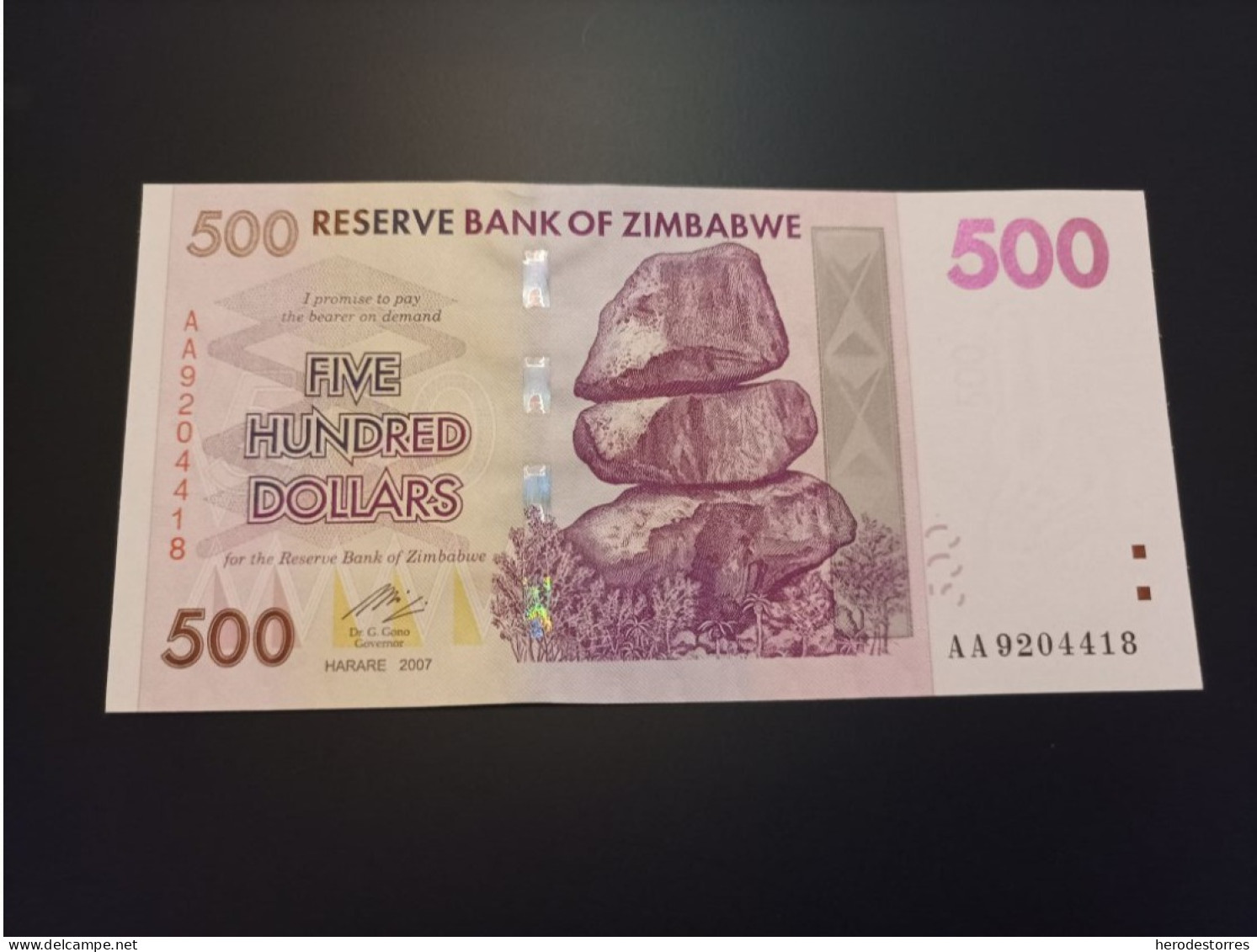 Billete Zimbabwe, 500 Dólares, Año 2007, Serie AA, UNC - Simbabwe