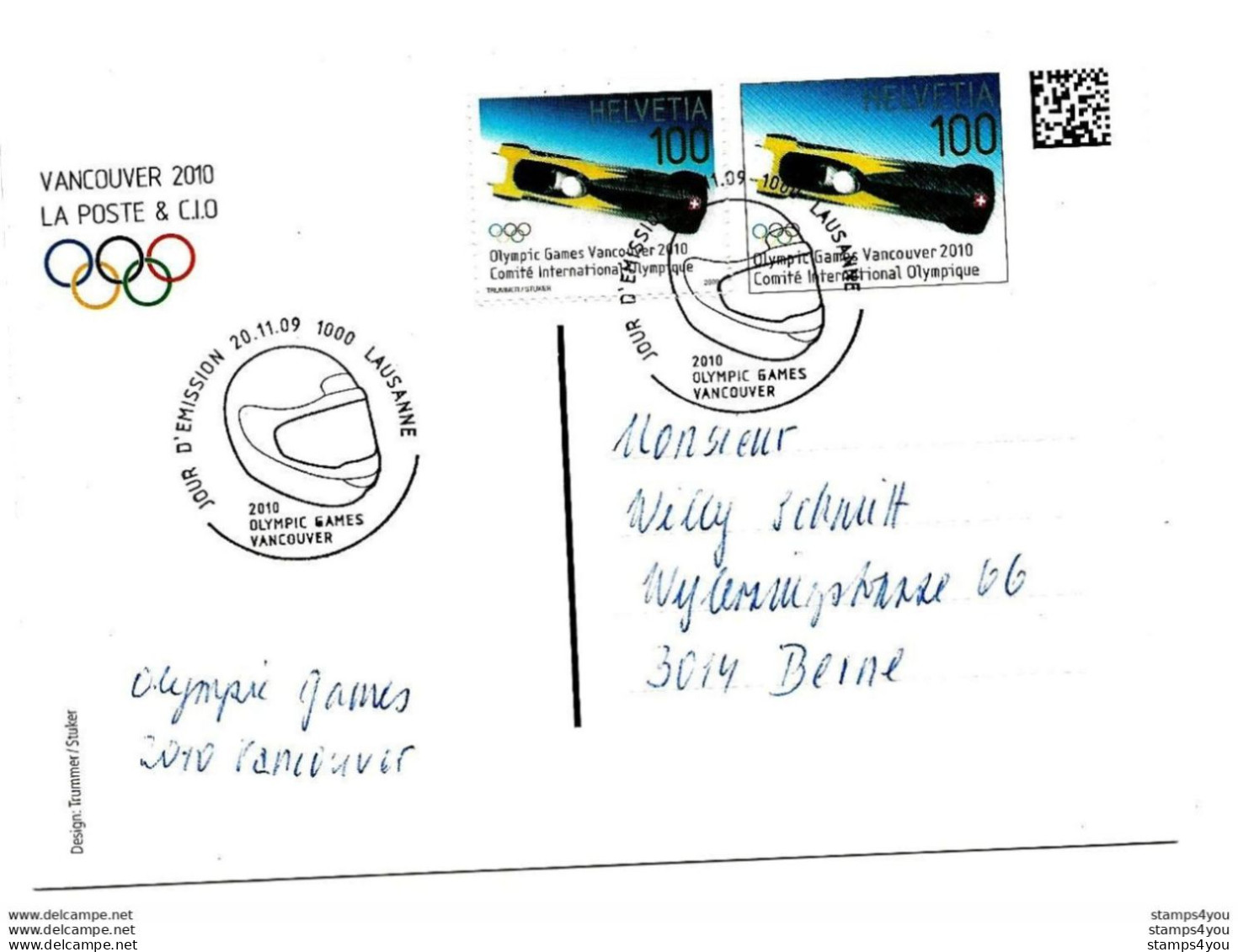 218 - 41 - Entier Postal Suisse JO Vancouver + Valeur Complémentair Identique à L'entier - Oblit Spécale 2009 Lausanne - Winter 2010: Vancouver