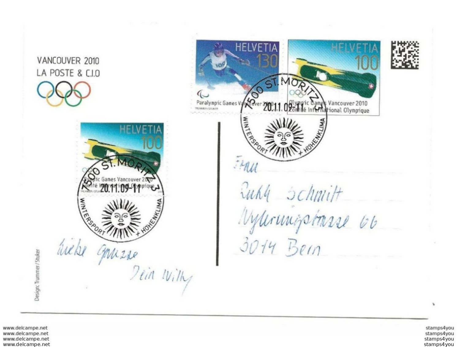 413 - 20 - Entier Postal Suisse JO Vancouver - Superbe Affranchissement - Cachets Illustrés St Moritz 2009 - Winter 2010: Vancouver