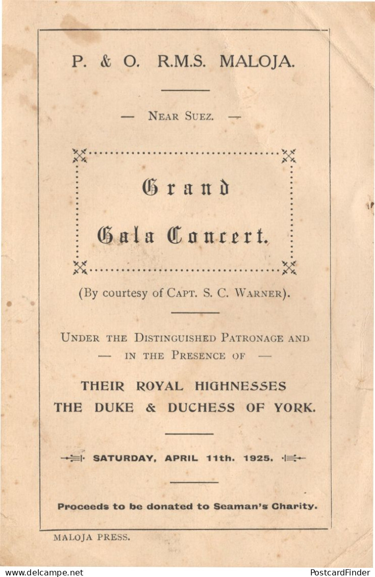 RMS Maloja 1925 P&O Ship Concert Duke Duchess Of York Programme - Programmes