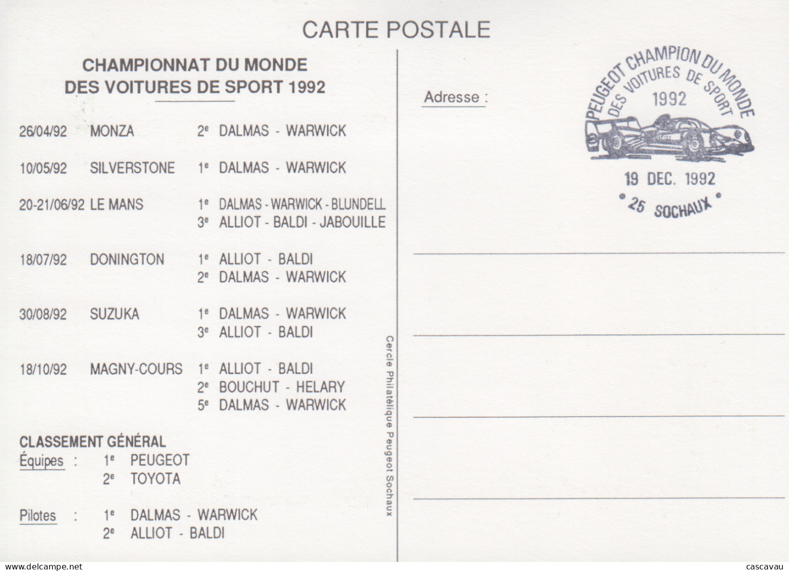 Carte   FRANCE   PEUGEOT    Champion  Du   Monde  Des  Voitures  De  Sport    SOCHAUX   1992 - Automobile