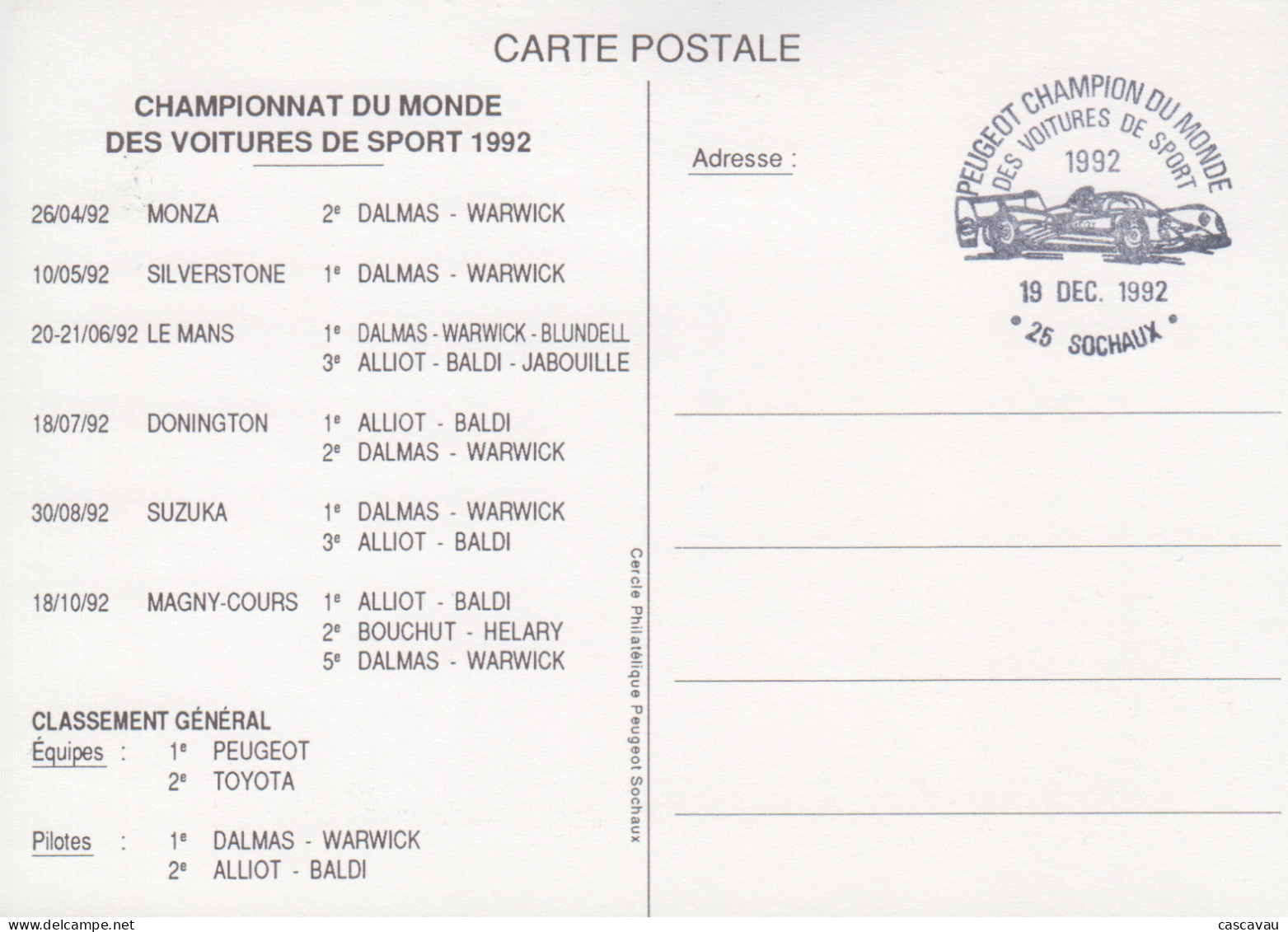 Carte   FRANCE   PEUGEOT    Champion  Du   Monde  Des  Voitures  De  Sport    SOCHAUX   1992 - Auto's