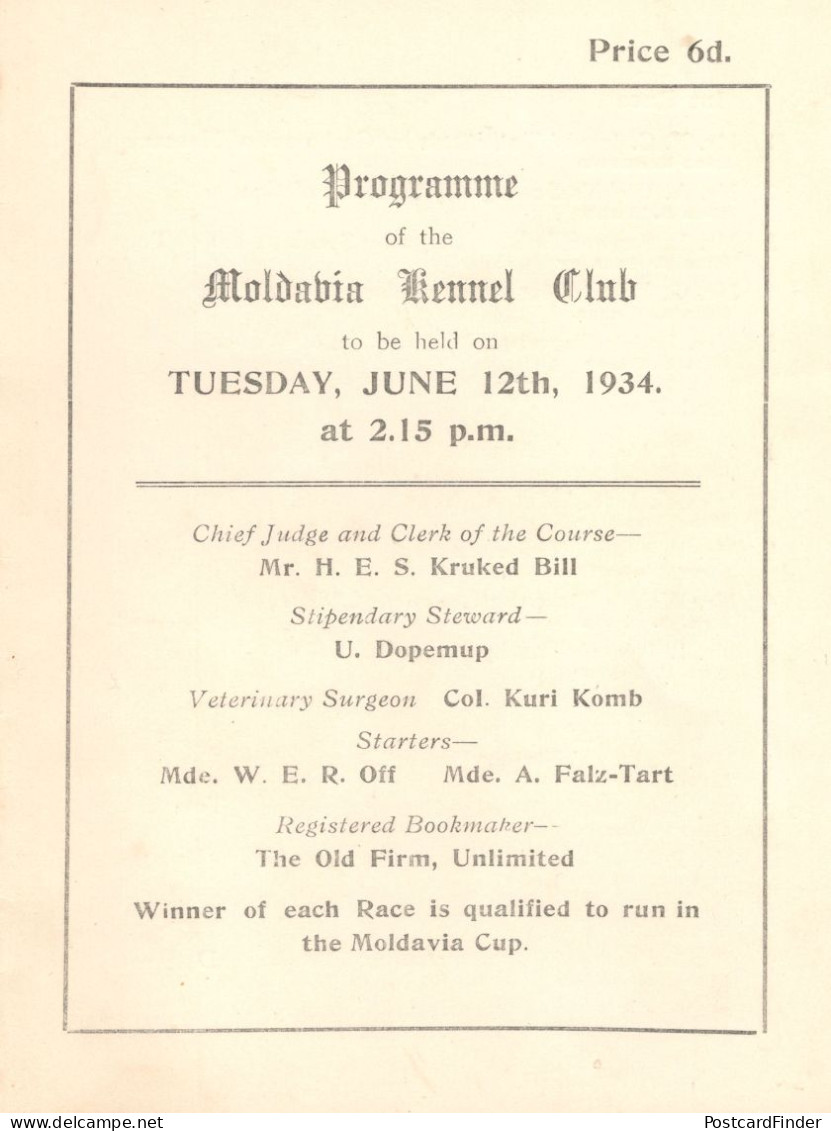Moldavia Kennel Club 1934 Programme From RMS Old Ship Collection - Programme