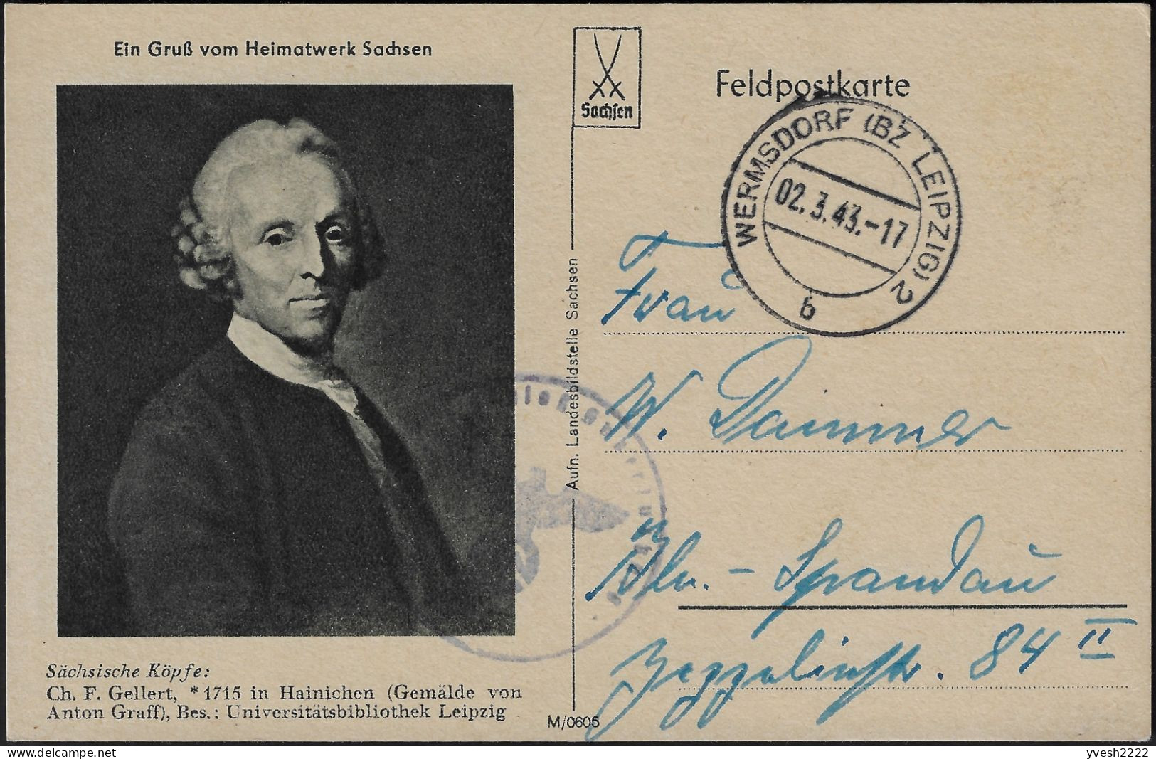 Allemagne 1943. Carte De Franchise Militaire. Christian Fürchtegott Gellert, Fables Et Contes, Comédie Cantique Poésie - Schrijvers