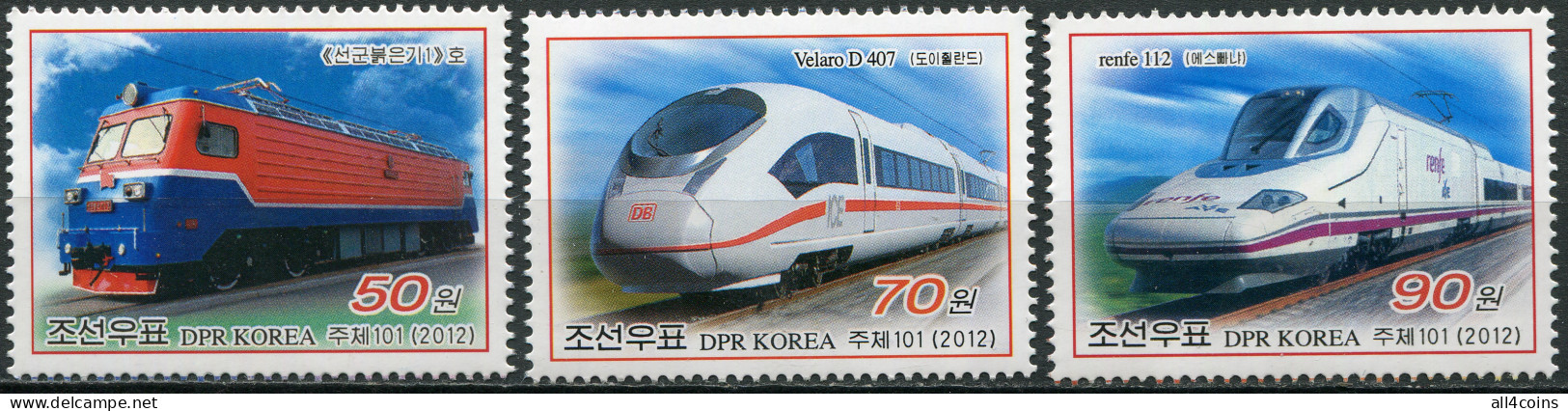 Korea 2012. Locomotives (MNH OG) Set Of 3 Stamps - Corée Du Nord