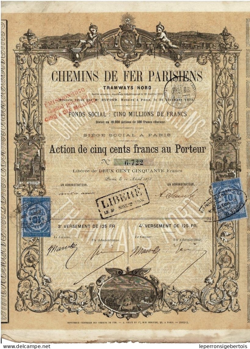 Titre De 1873 - Chemins De Fer Parisiens - Tramways Nord - Déco - - Ferrocarril & Tranvías