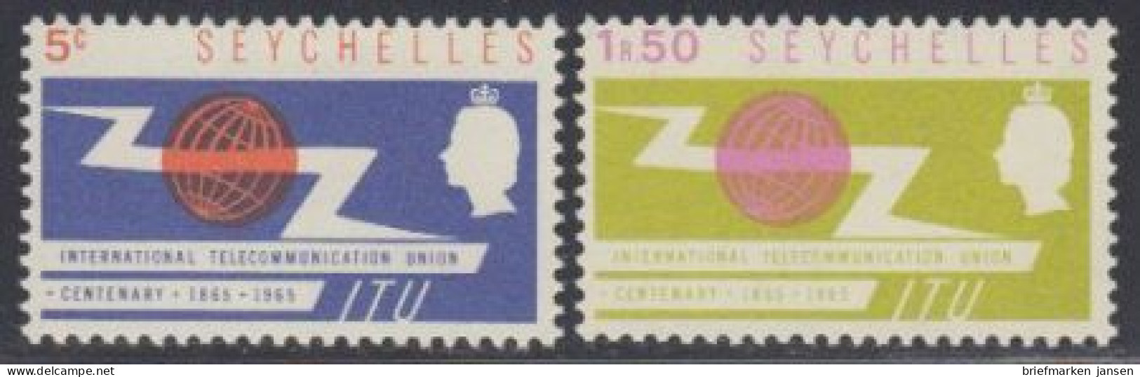 Seychellen Mi.Nr. 220-21 100J. Int. Fernmeldeunion (2 Werte) - Seychellen (1976-...)