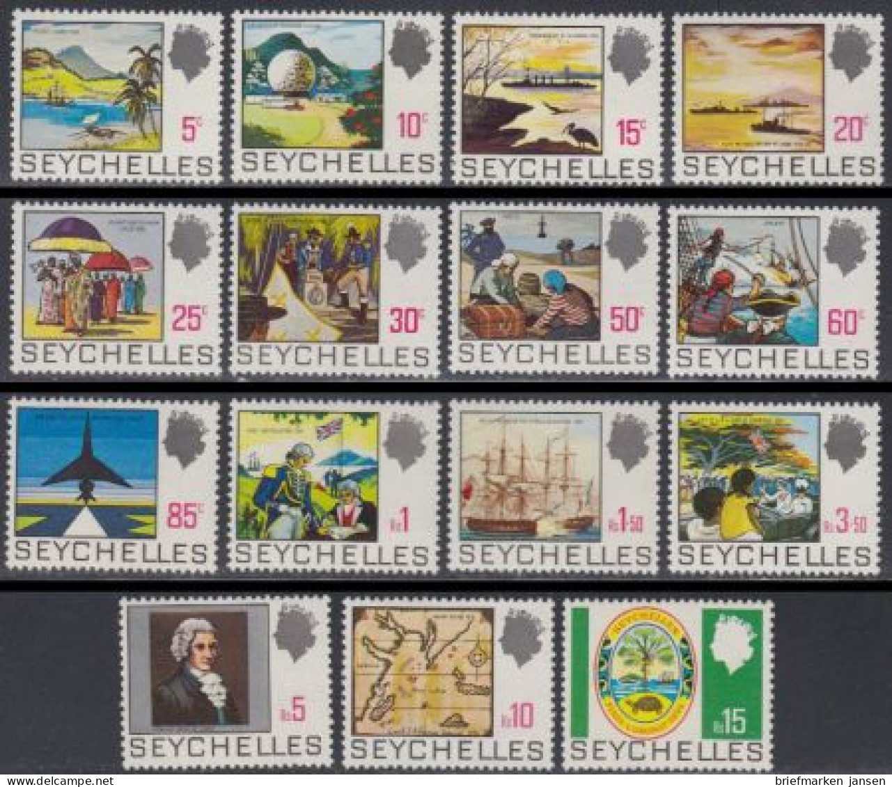 Seychellen Mi.Nr. 259-73 Freim. Geschichte (15 Werte) - Seychellen (1976-...)