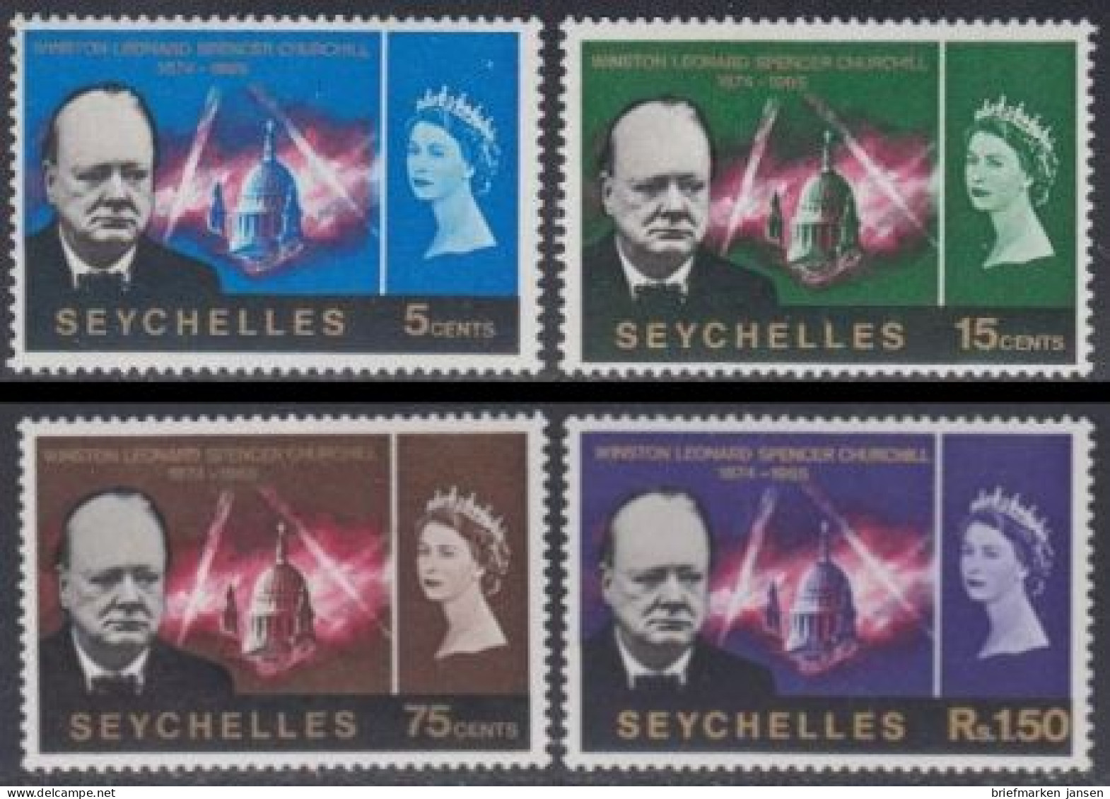 Seychellen Mi.Nr. 224-27 1.Tod.t. Winston Churchill, St.Pauls-Kathedrale (4 W.) - Seychelles (1976-...)