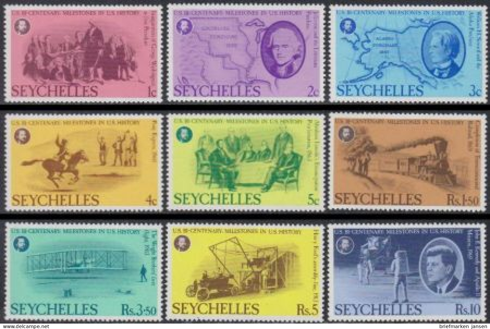 Seychellen Mi.Nr. 375-83 200J. Unabhängigkeit Der USA (9 Werte) - Seychelles (1976-...)
