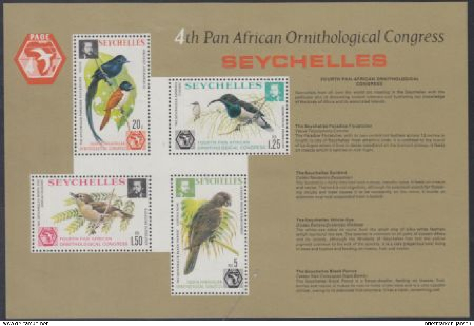 Seychellen Mi.Nr. Block 6 Panafrikanischer Ornithologenkongreß  - Seychellen (1976-...)