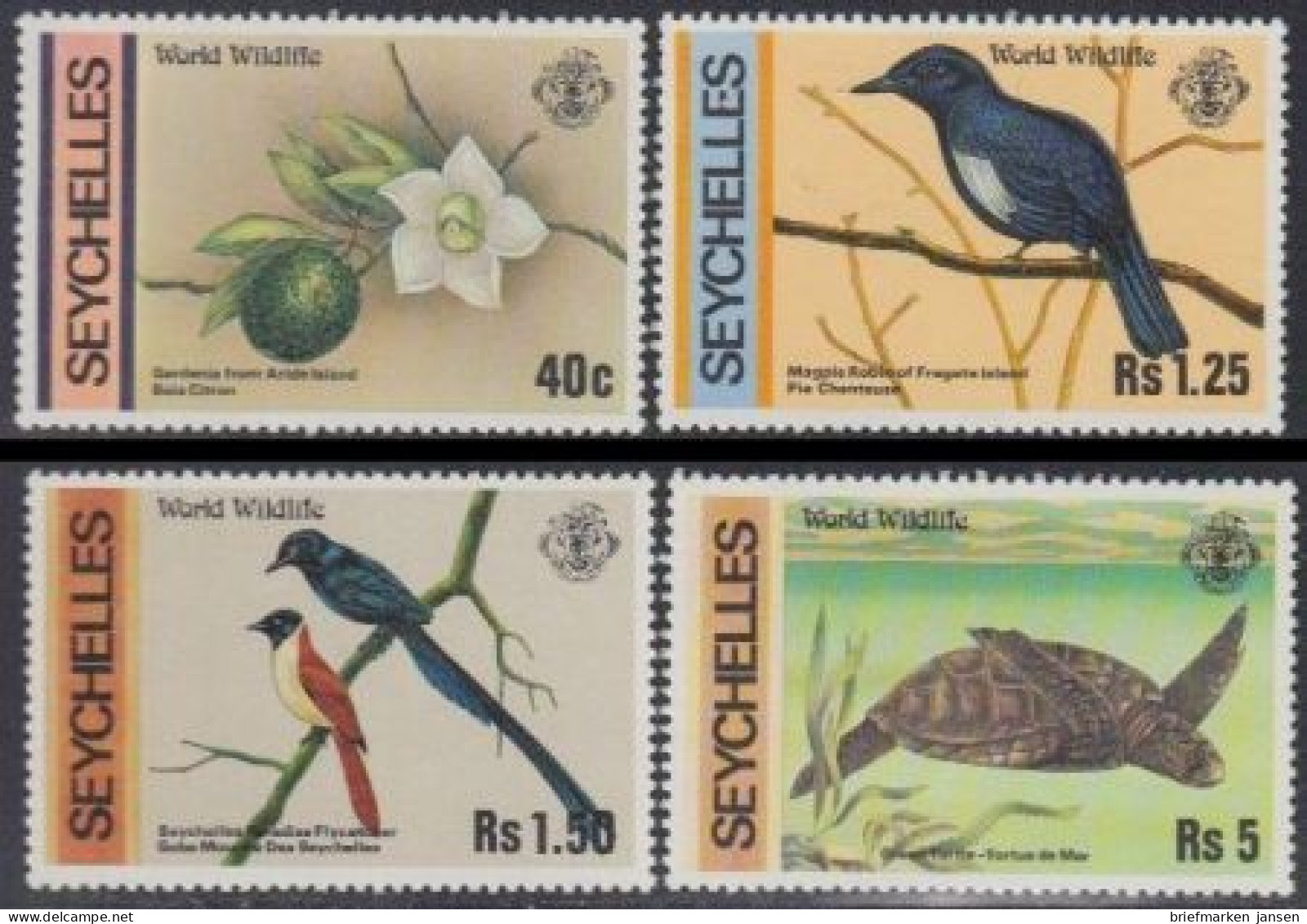 Seychellen Mi.Nr. 422-25 Naturschutz, Gardenie, Vögel, Schildkröte (4 Werte) - Seychelles (1976-...)